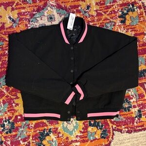 Nasty Gal embroidered knitted varsity jacket black and pink large women’s
